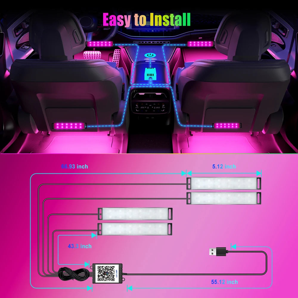 RGB Car Interior LED Strips — Music Sync + App
