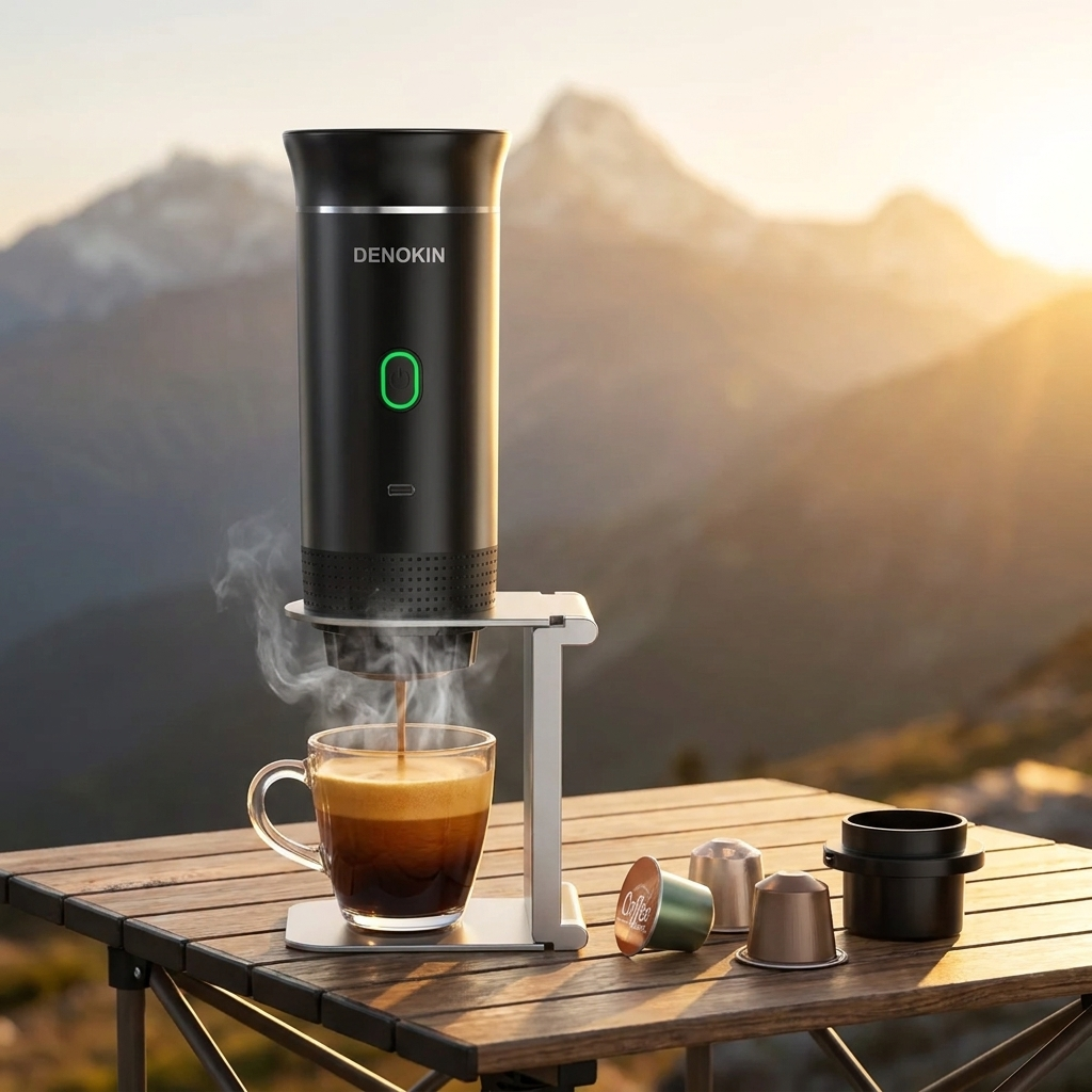 Portable espresso machine brewing coffee outdoors — lifestyle product photo