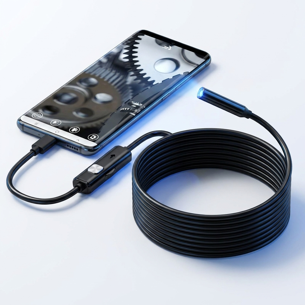 USB-C endoscope inspection camera with smartphone — studio product photo