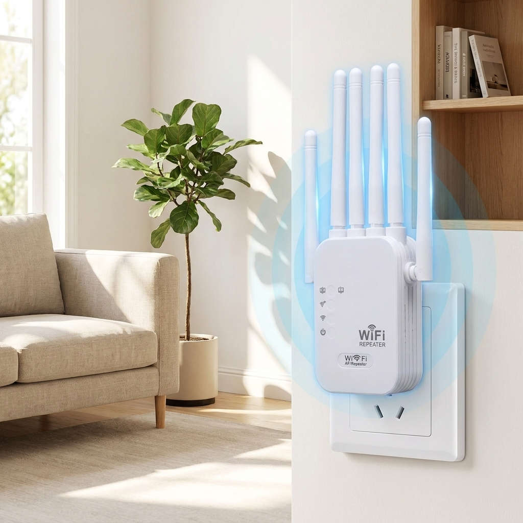 WiFi range extender in modern living room — product photo