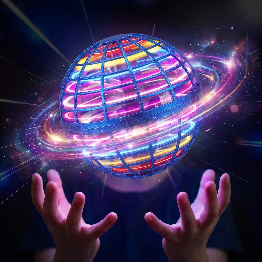 LED flying orb ball hovering with cosmic lights — product photo