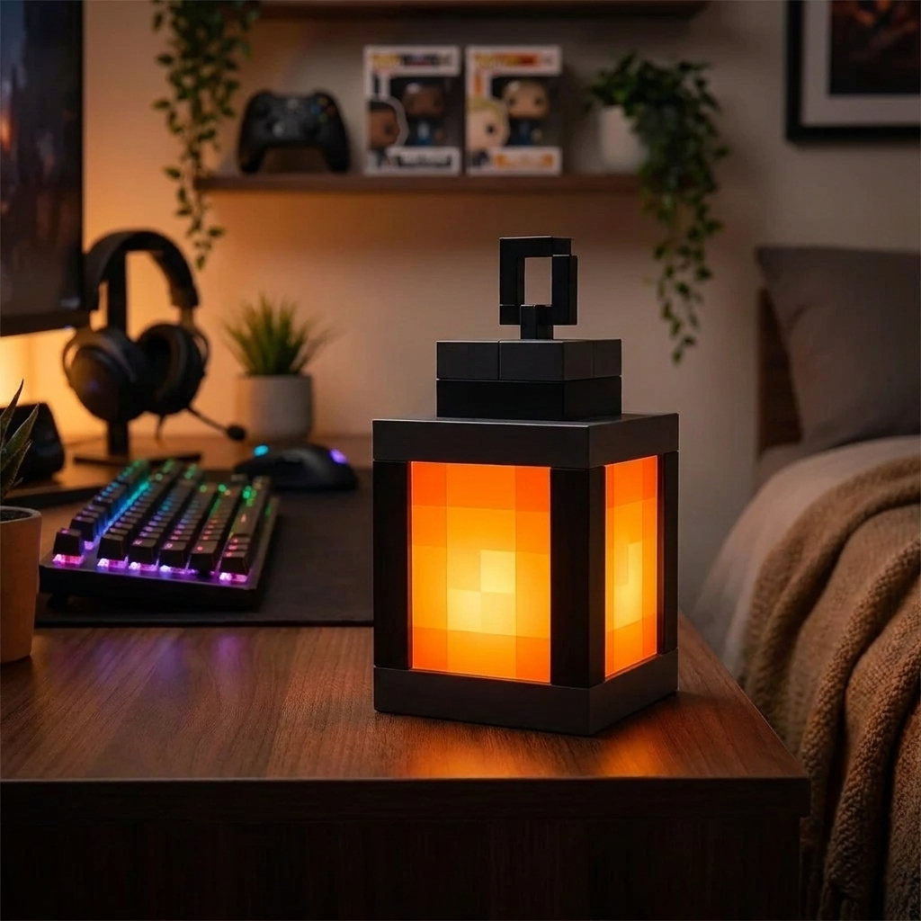 Pixel retro night light glowing on bedside table — product photo