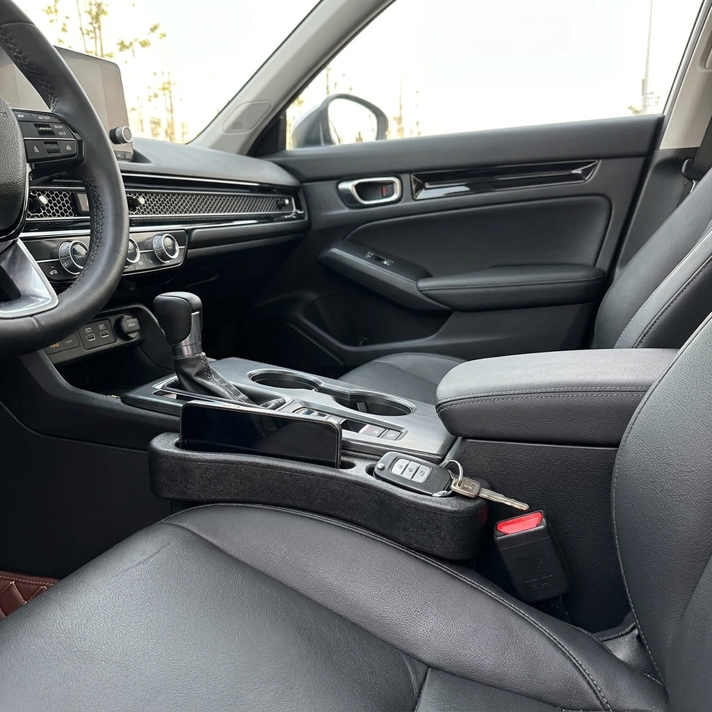 Car seat gap filler strip installed in modern car interior — product photo