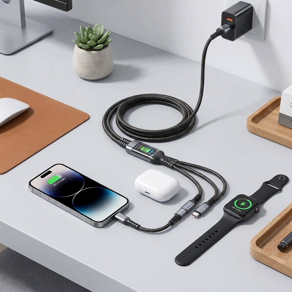 3-in-1 universal charging cable on desk with devices — product photo
