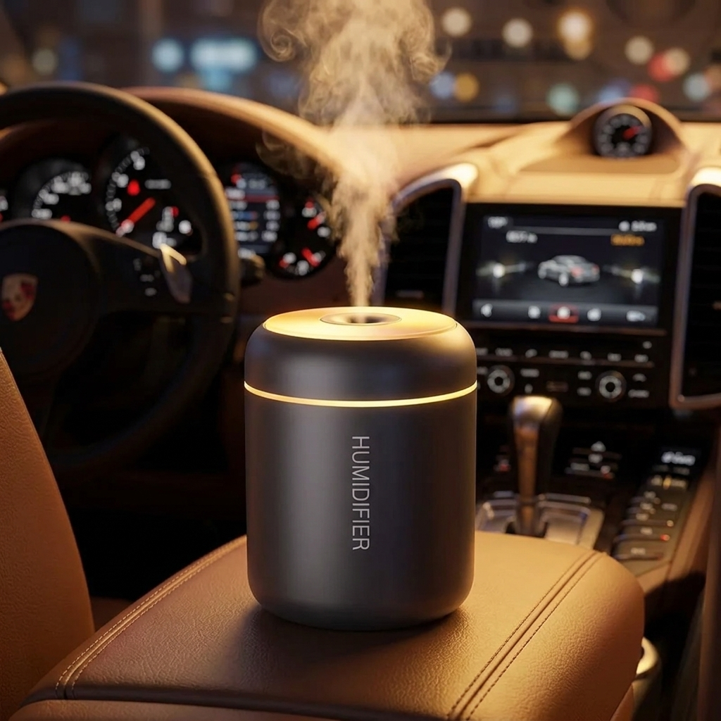 Mini aroma humidifier with LED glow on car dashboard — product photo